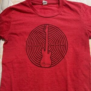 Sting.com Y2K Red Graphic T-Shirt + Guitar Design, Women's Baby Tee, Sz S